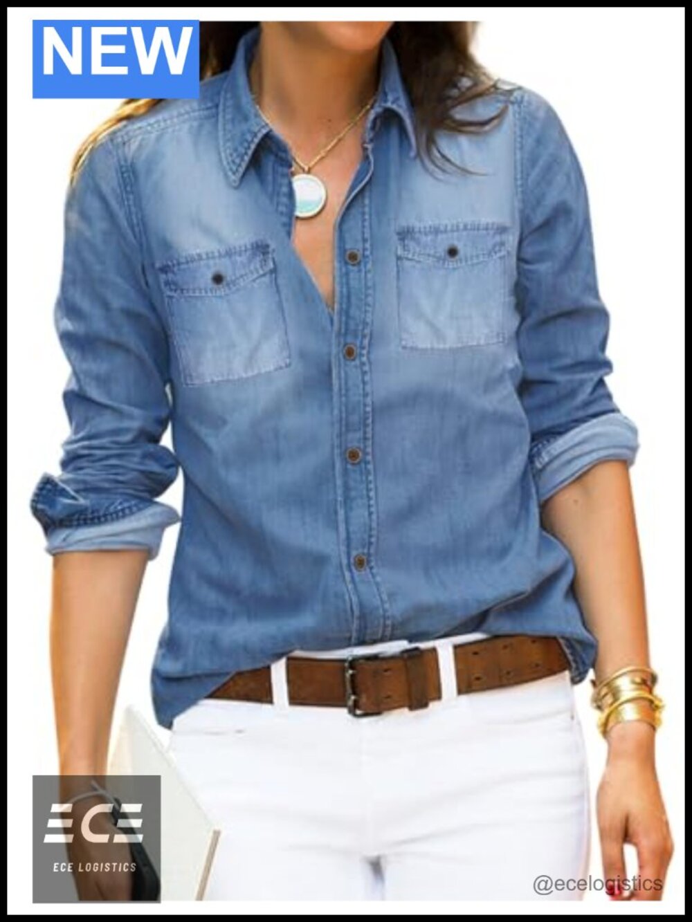 Denim Shirt 100% Cotton Button Down Long Sleeve Relaxed Fit Tunic Top